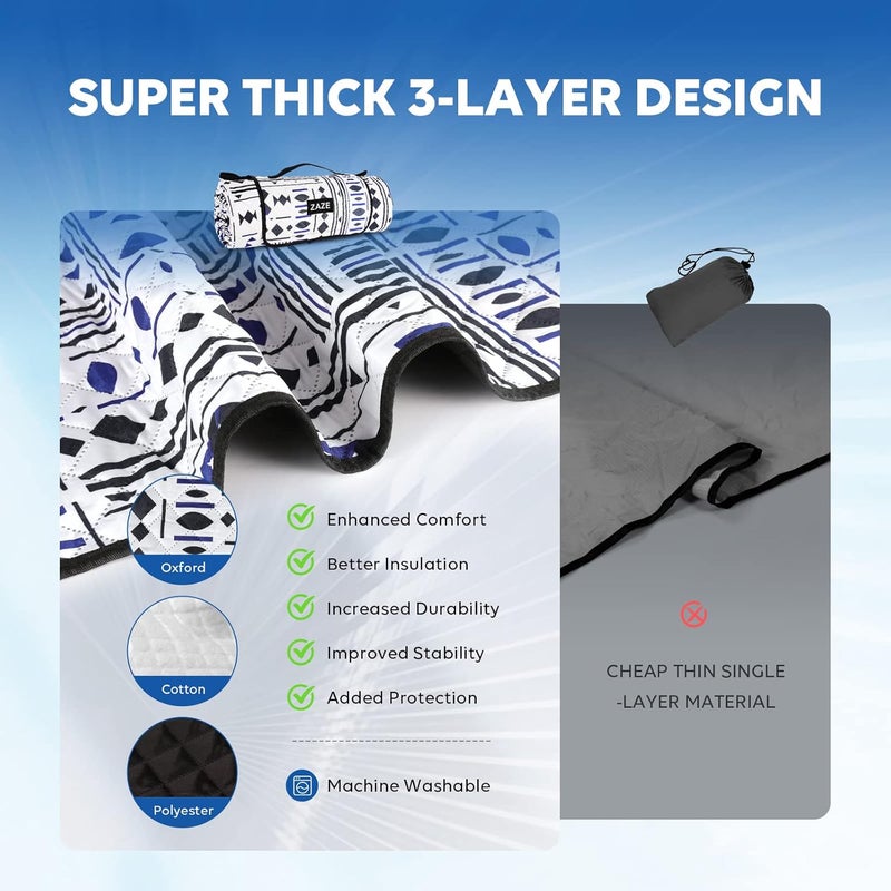 ZAZE Picnic Blankets Beach Blanket with Stakes, Thick 3-Layer Waterproof Sandproof 80 * 80 Oversized Mat, Foldable Extra Large Big, Machine Washable Accessories for Outdoor Camping Park (Black Blue) - Image 5