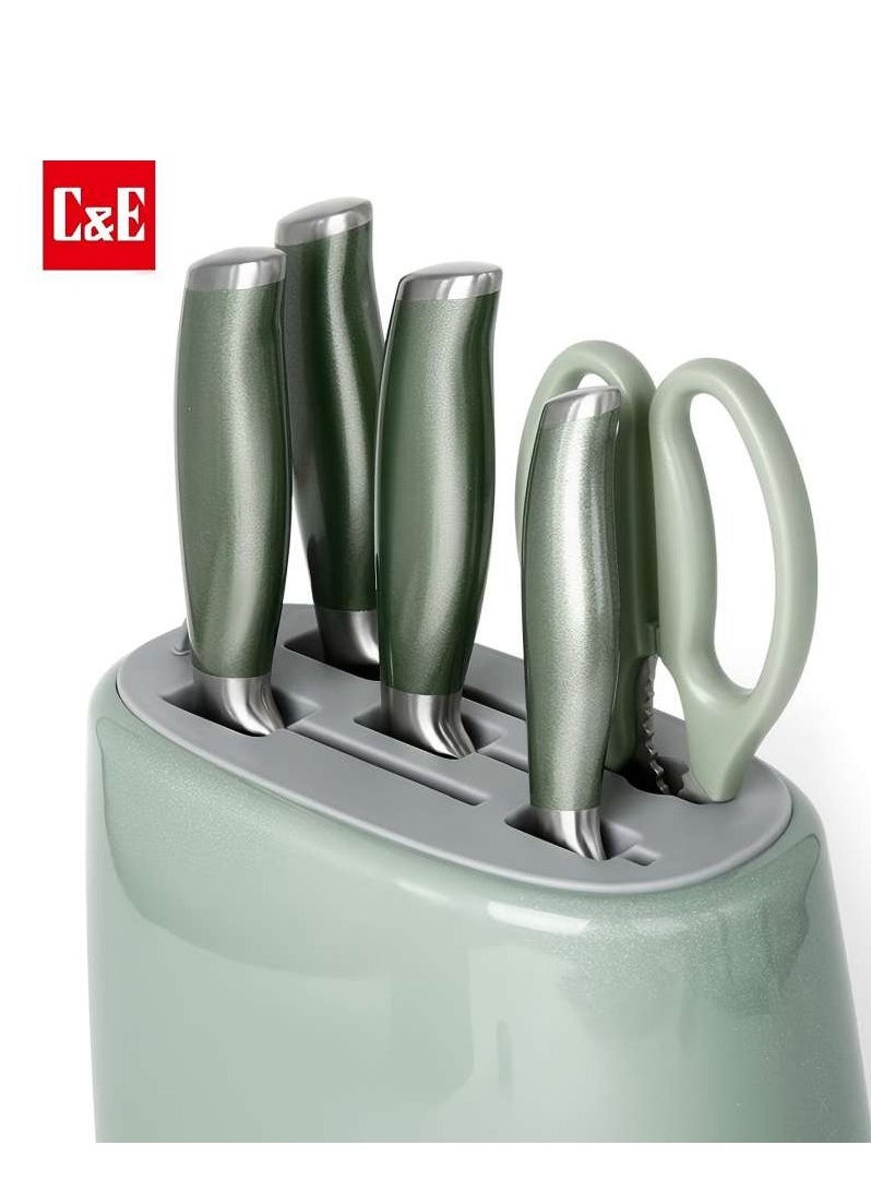 C&E Kitchen knife set, 6-piece set of emerald green sharp knives, suitable for the kitchen, non-stick and anti-slip stainless steel kitchen knife set, with emerald green knife holder, suitable for home or dining room use  - Image 5
