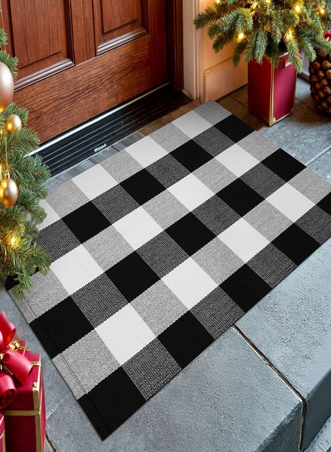 KOZYFLY Buffalo Plaid Area Rugs 2x3 Ft Black and White Checkered Rug Washable Front Door Mat Hand Woven Cotton Outdoor Rug Small Rug for Front Porch Kitchen Entryway Patio Bathroom - Image 1
