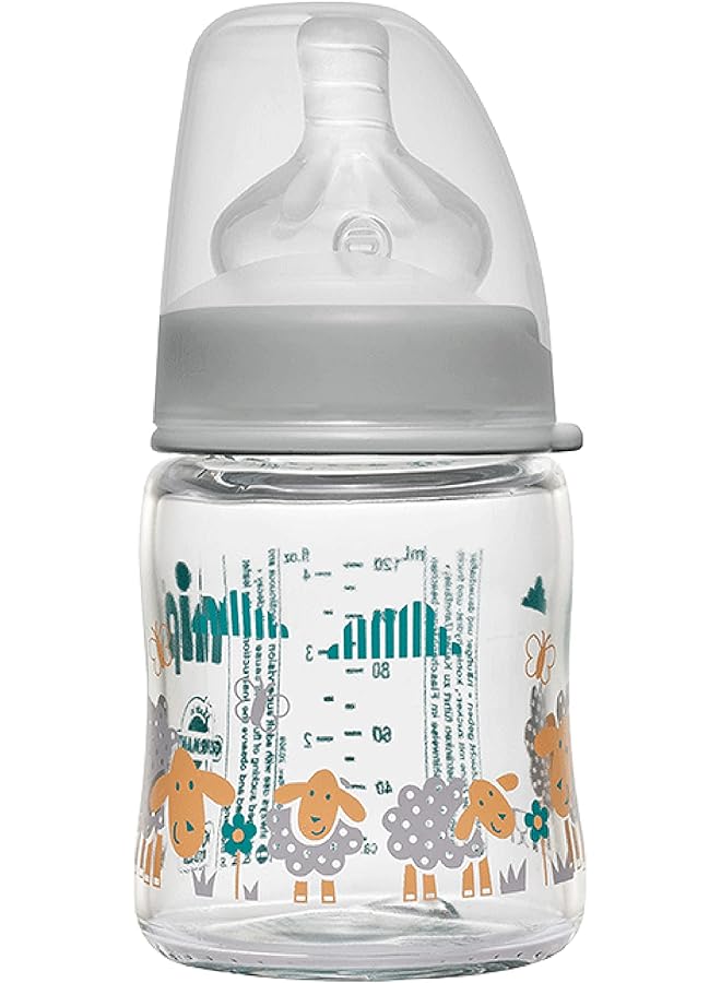 nip Wide Neck Glass Bottle Silicone Round Teat Medium 120 Ml 0M Plus Made In Germany Grey - Image 1