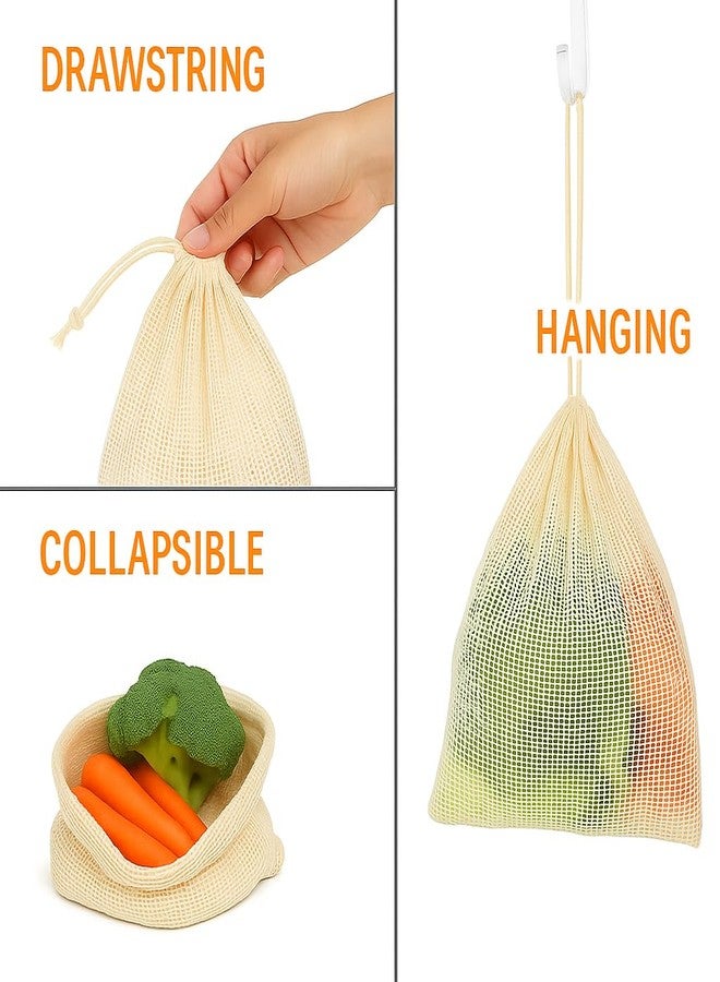 Tidy Fox Cotton Net Vegetable & Fruit Storage Bags | Pack of 6 | Reusable Washable Grocery Mesh Bags with Strong Drawstring - Image 2