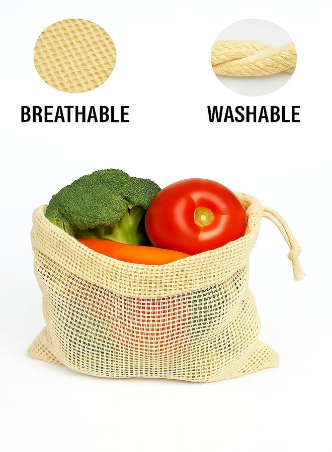 Tidy Fox Cotton Net Vegetable & Fruit Storage Bags | Pack of 6 | Reusable Washable Grocery Mesh Bags with Strong Drawstring - Image 4