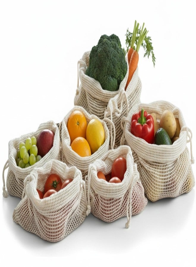 Tidy Fox Cotton Net Vegetable & Fruit Storage Bags | Pack of 6 | Reusable Washable Grocery Mesh Bags with Strong Drawstring - Image 1