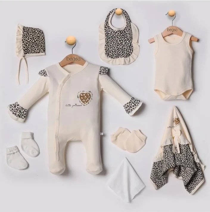 بيبي هولا Leopard Pattern Baby Girl Newborn 8-Piece Romper Set 0-3 Months Gift Hospital Delivery 5016