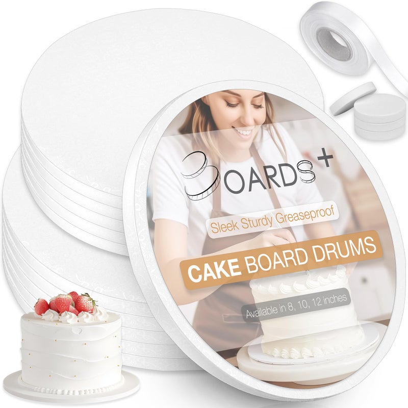 Sleek Cake Board Drum 10  12 Inch 2 Sizes 12 Pack Total  Free Prop Up Tool  Matching Ribbon  12 Thick Cake Board Rounds  Sturdy  Greaseproof Cake Circles For Presenting HeavyTiered Cakes