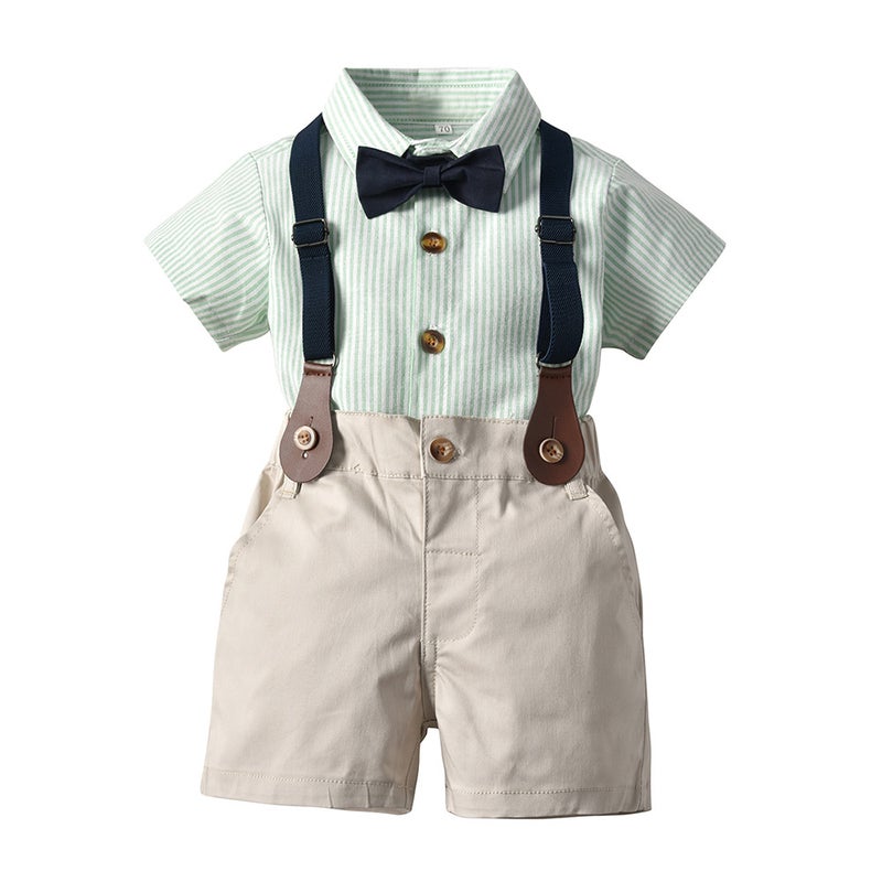 1688 Boys Two-Piece Children Gentleman Suit Lapel Short Sleeve Suspenders Graduation Ceremony - Image 1