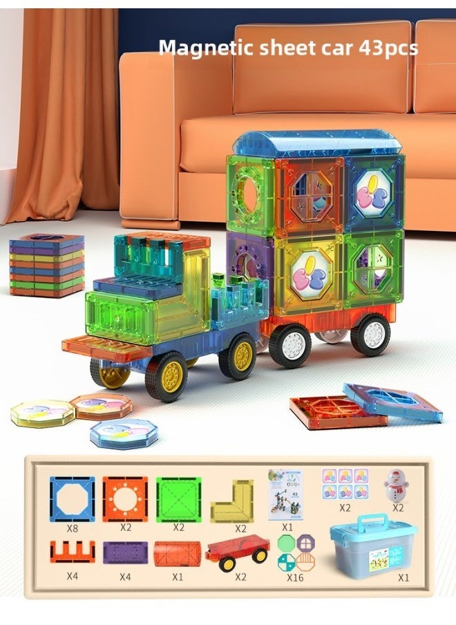 Color Window Magnetic Sheet Magnetic Building Blocks DIY Variety Toys Assembling Children Slide Ball Large Track Splicing-Color:[Magnetic Sheet Trolley] 43PCs + Storage Box  - Image 1