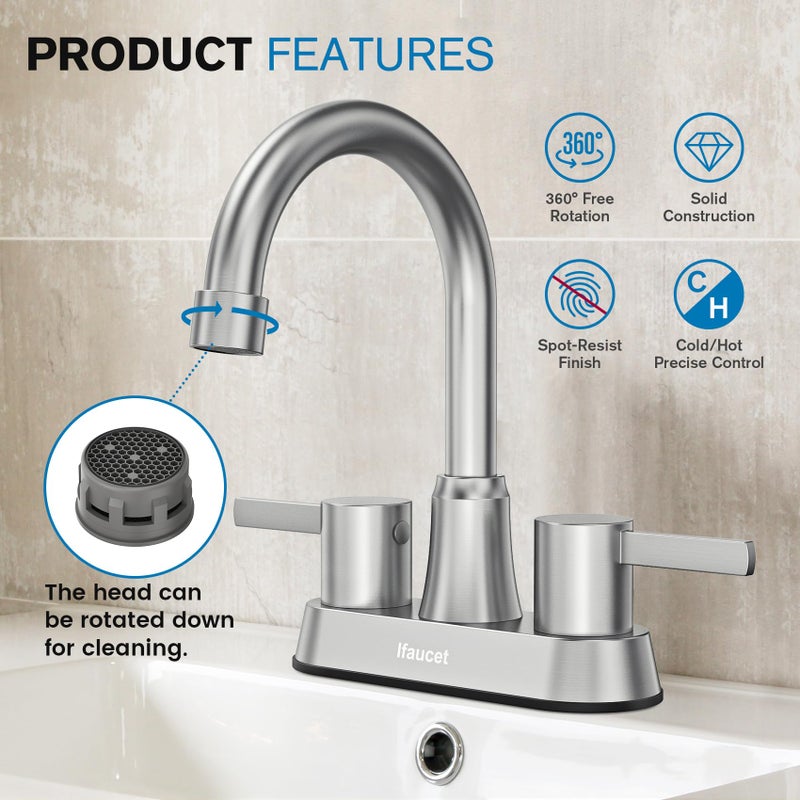 Ifaucet Bathroom Faucets, Bathroom Faucet 3 Hole, Bathroom Sink Faucet, Faucet for Sink 4 Inch 2 Handle Centerset, Lead-Free, with Copper Pop Up Drain (Brushed Nickel) - Image 3