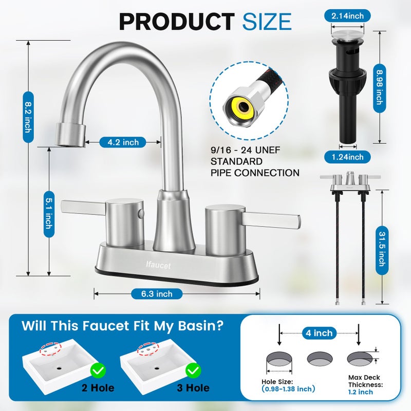 Ifaucet Bathroom Faucets, Bathroom Faucet 3 Hole, Bathroom Sink Faucet, Faucet for Sink 4 Inch 2 Handle Centerset, Lead-Free, with Copper Pop Up Drain (Brushed Nickel) - Image 2