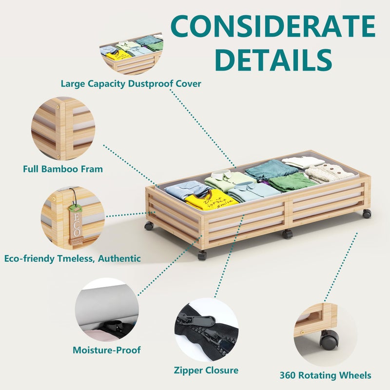 Wisuce Bamboo Under Bed Storage Containers- Underbed Organizer with Wheels with Large Dust Bag,Sturdy Wood Rolling Under the Bed Shoe Storage Organizer Drawer 2 Packs (Nature, Long) - Image 3