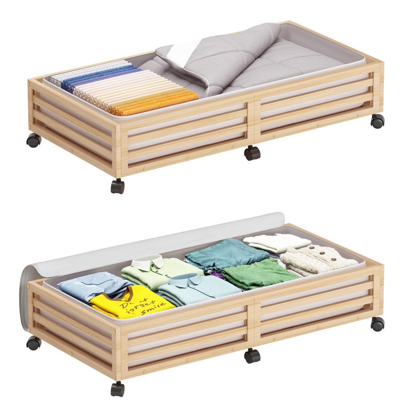 Wisuce Bamboo Under Bed Storage Containers- Underbed Organizer with Wheels with Large Dust Bag,Sturdy Wood Rolling Under the Bed Shoe Storage Organizer Drawer 2 Packs (Nature, Long) - Image 1