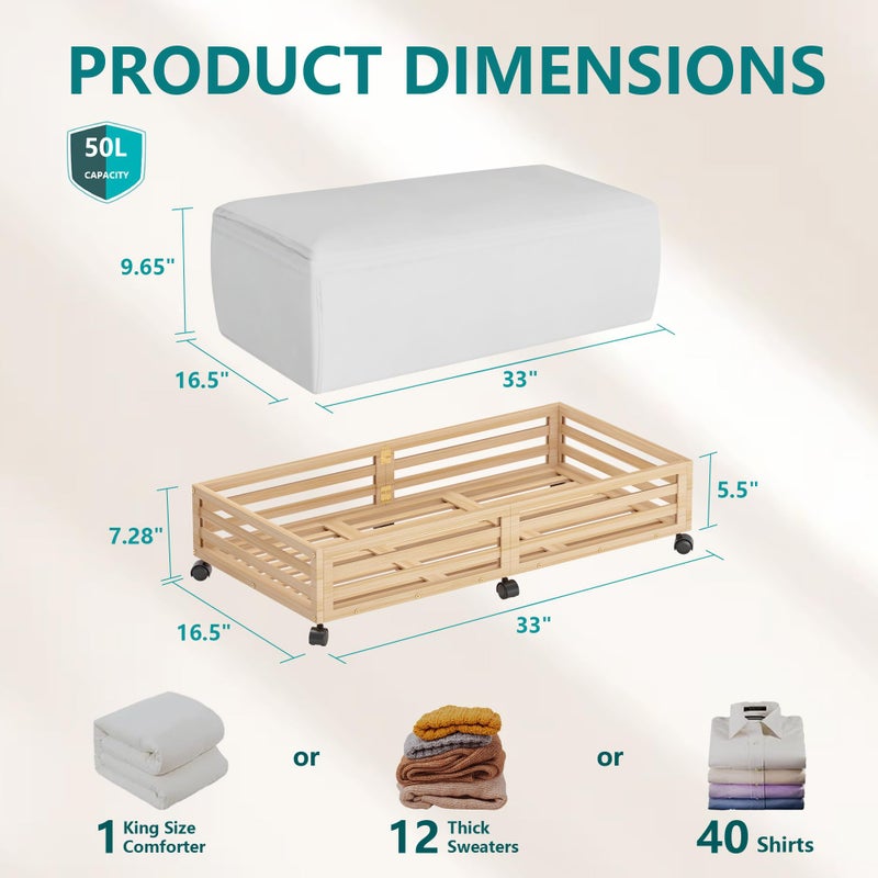 Wisuce Bamboo Under Bed Storage Containers- Underbed Organizer with Wheels with Large Dust Bag,Sturdy Wood Rolling Under the Bed Shoe Storage Organizer Drawer 2 Packs (Nature, Long) - Image 2