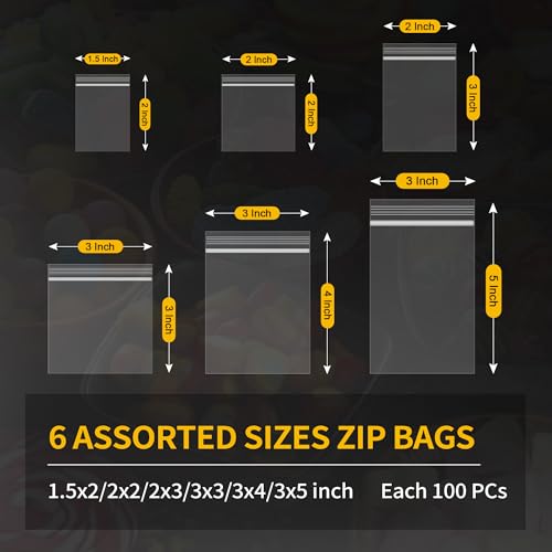 Bonison 600 Pack Mini Zipper Lock Plastic Bags, Assorted Sizes (1.5x2, 2x2, 2x3, 3x3, 3x4, 3x5 Inch) – Clear, Resealable Storage Bags for Jewelry, Beads, Pills, Toys, Snacks – 2 Mil Thick - Image 2