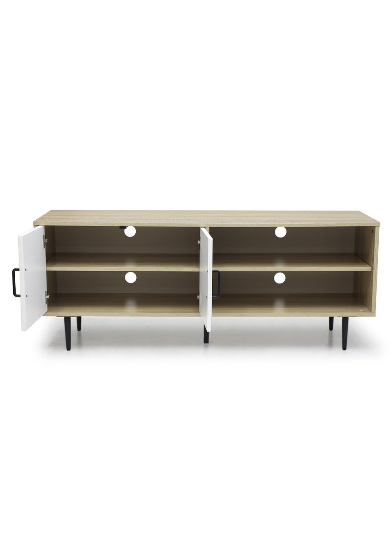 Multi Home Furniture Light Wooden TV Stand Table for Home & Office – 2 Open Shelves Storage Cabinet with 2 White Doors & Black Metal Legs – TV Table for 55-65 Inch TVs, Wooden TV Units for Living Room - Image 1