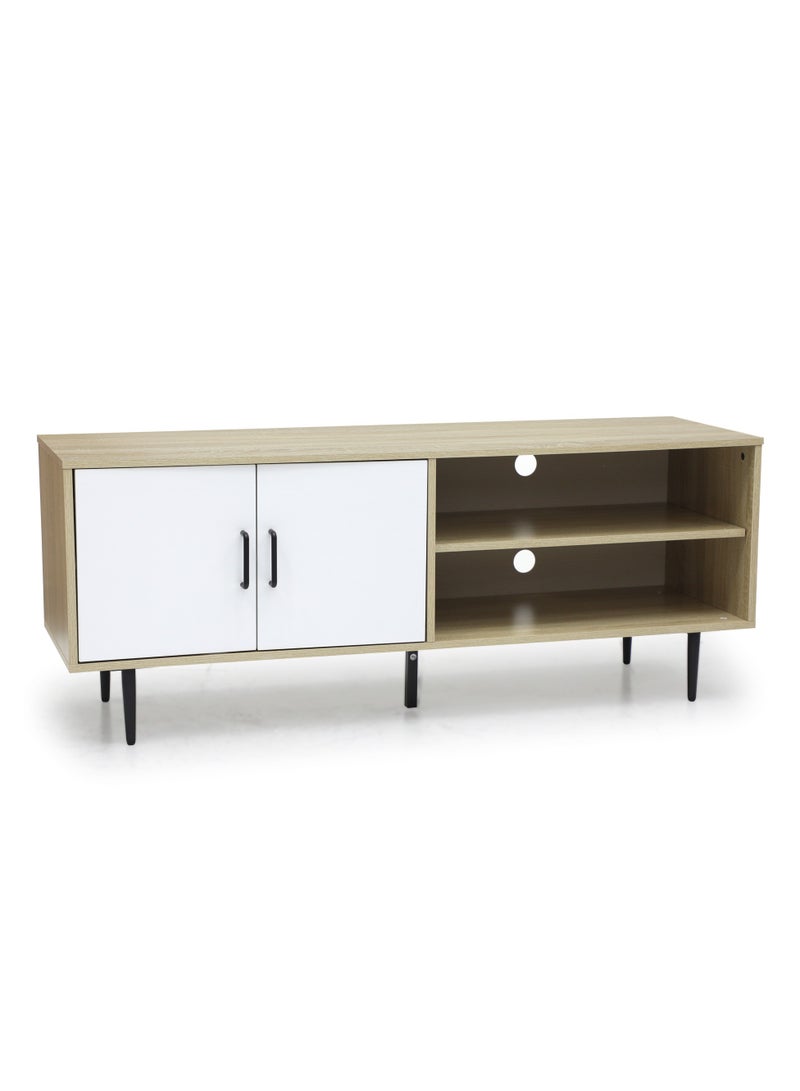 Multi Home Furniture Light Wooden TV Stand Table for Home & Office – 2 Open Shelves Storage Cabinet with 2 White Doors & Black Metal Legs – TV Table for 55-65 Inch TVs, Wooden TV Units for Living Room - Image 2