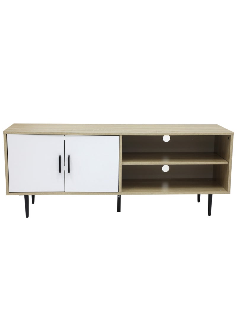 Multi Home Furniture Light Wooden TV Stand Table for Home & Office – 2 Open Shelves Storage Cabinet with 2 White Doors & Black Metal Legs – TV Table for 55-65 Inch TVs, Wooden TV Units for Living Room - Image 3