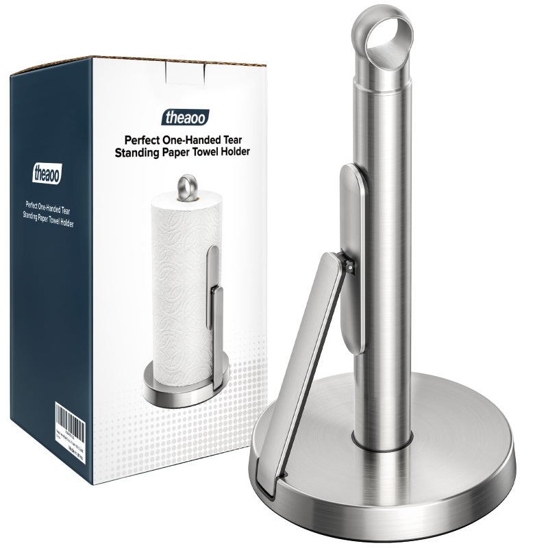 theaoo Heavy-Duty Stainless Steel Paper Towel Holder with Tension Arm â€“ Easy One-Handed Tear, Modern Standing Countertop Dispenser for Kitchen, Holds All Paper Towel Rolls (1, Silver) - Image 1