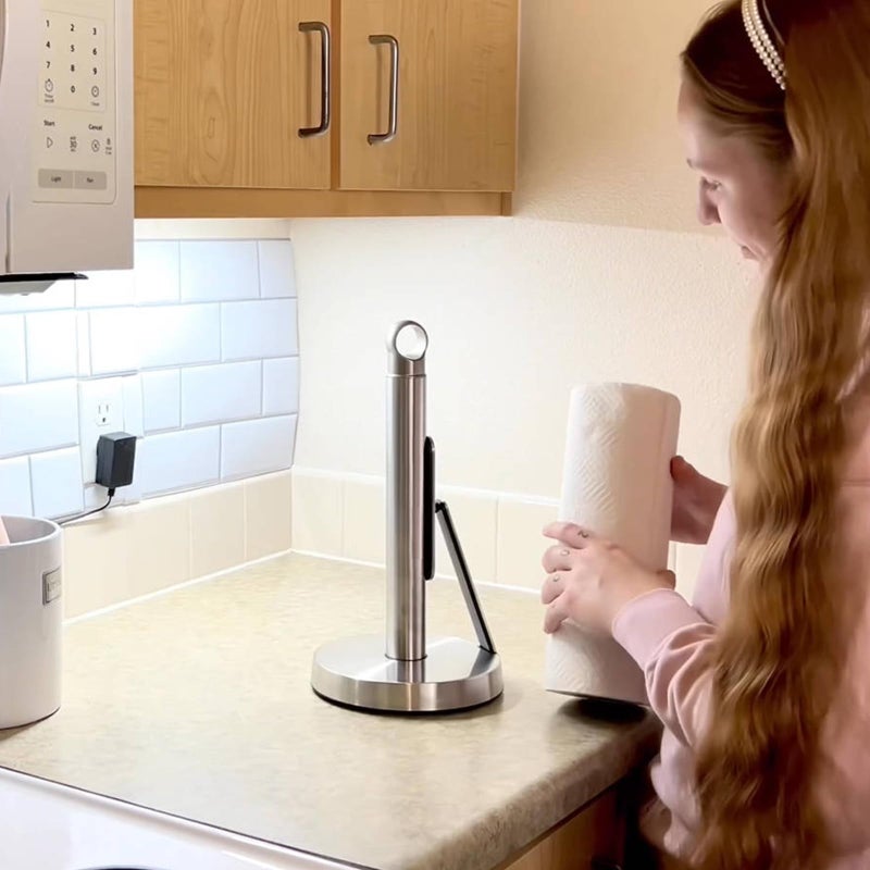 theaoo Heavy-Duty Stainless Steel Paper Towel Holder with Tension Arm â€“ Easy One-Handed Tear, Modern Standing Countertop Dispenser for Kitchen, Holds All Paper Towel Rolls (1, Silver) - Image 5