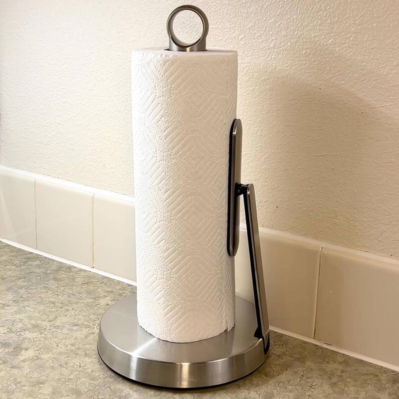 theaoo Heavy-Duty Stainless Steel Paper Towel Holder with Tension Arm â€“ Easy One-Handed Tear, Modern Standing Countertop Dispenser for Kitchen, Holds All Paper Towel Rolls (1, Silver) - Image 4