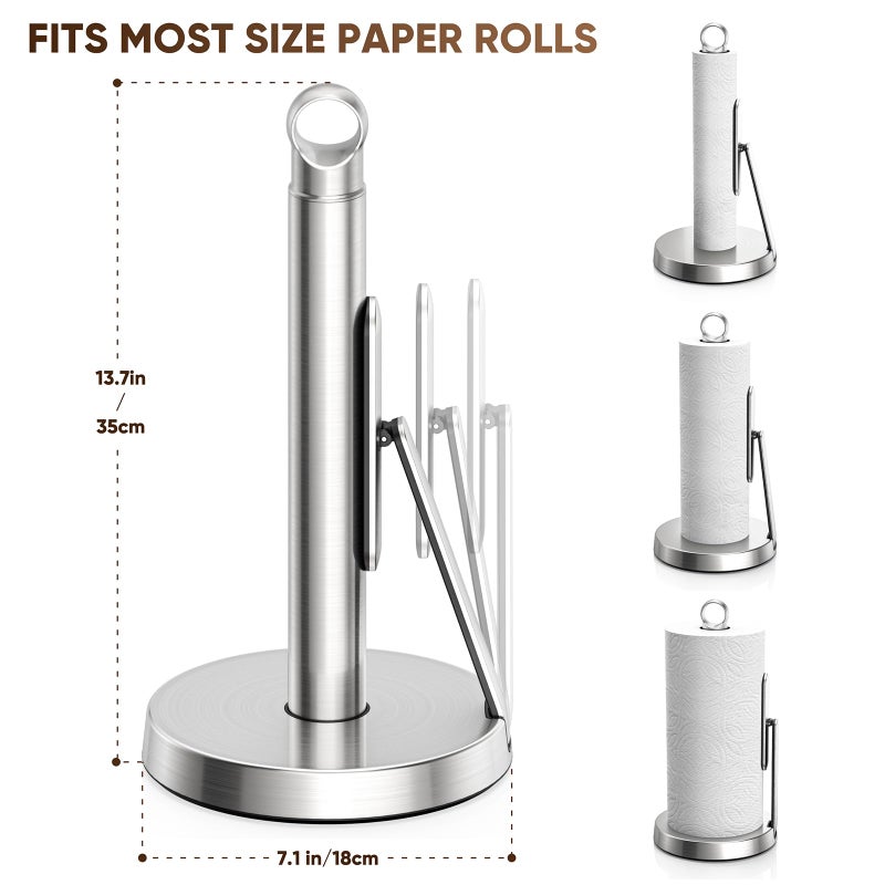 theaoo Heavy-Duty Stainless Steel Paper Towel Holder with Tension Arm â€“ Easy One-Handed Tear, Modern Standing Countertop Dispenser for Kitchen, Holds All Paper Towel Rolls (1, Silver) - Image 2
