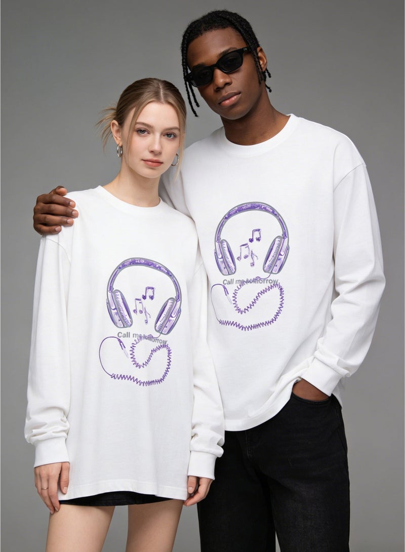 LIRENE Purple Headphones Music Graphic Long Sleeve  Purple Headphones Music Graphic Long Sleeve Tee | UniseTee | Unisex Oversized Couple T-Shirt For Street & Daily Style - Image 1