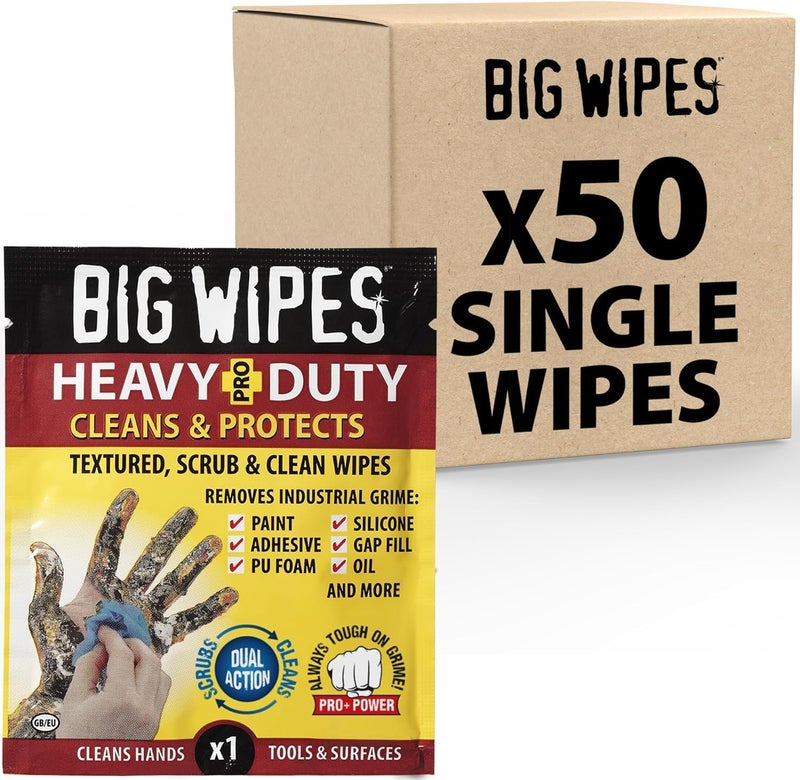 Big Wipes Heavy Duty Pro+ Hand Wipes x50 Single Sachets, Textured Dual-Sided with Skincare. Ultra Efficient on Grime. Heavy Duty & Industrial Cleaning Products for Tradespeople Stable base - Image 1