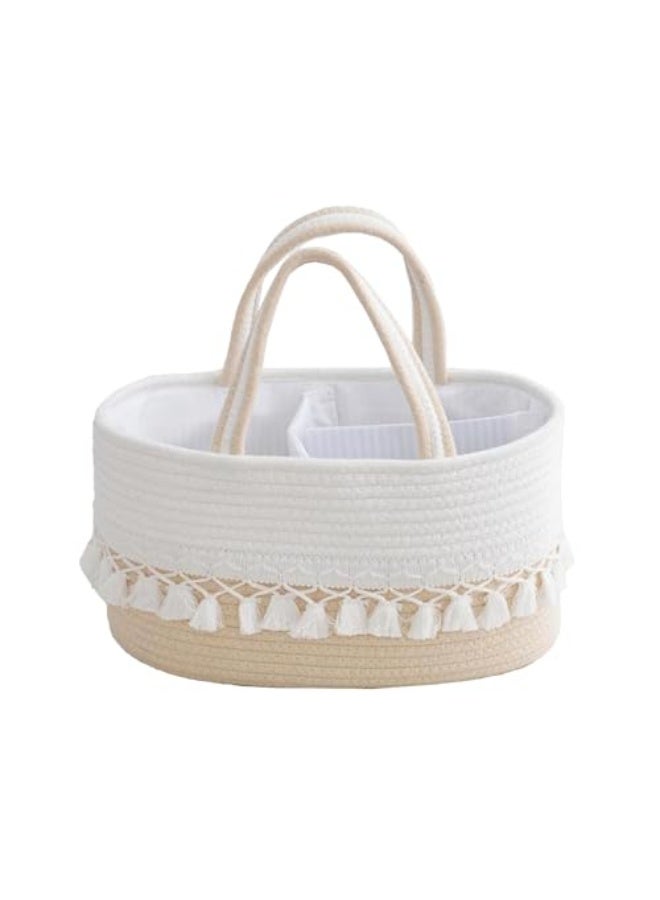 Nadrab Diaper Caddy Basket for Baby,Tassel Nursery Storage Basket,Portable Holder Tote Bag,Cotton Rope Baby Storage Basket with Removable Divider,Newborn Holder for Baby Shower (A) - Image 2