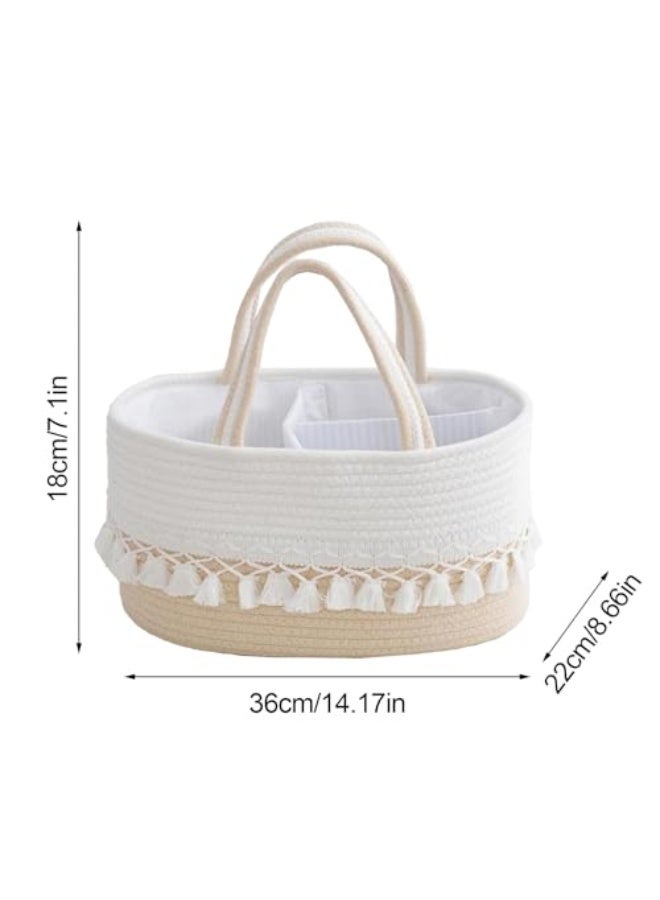 Nadrab Diaper Caddy Basket for Baby,Tassel Nursery Storage Basket,Portable Holder Tote Bag,Cotton Rope Baby Storage Basket with Removable Divider,Newborn Holder for Baby Shower (A) - Image 3