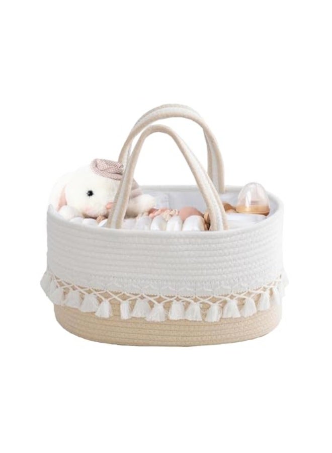 Nadrab Diaper Caddy Basket for Baby,Tassel Nursery Storage Basket,Portable Holder Tote Bag,Cotton Rope Baby Storage Basket with Removable Divider,Newborn Holder for Baby Shower (A) - Image 1