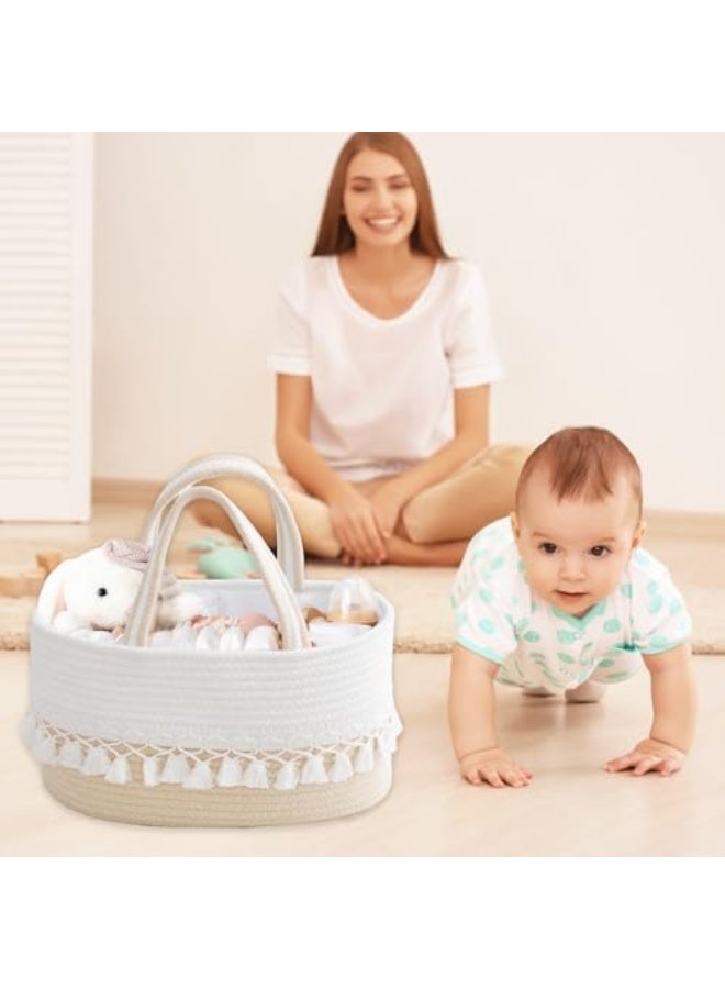 Nadrab Diaper Caddy Basket for Baby,Tassel Nursery Storage Basket,Portable Holder Tote Bag,Cotton Rope Baby Storage Basket with Removable Divider,Newborn Holder for Baby Shower (A) - Image 5