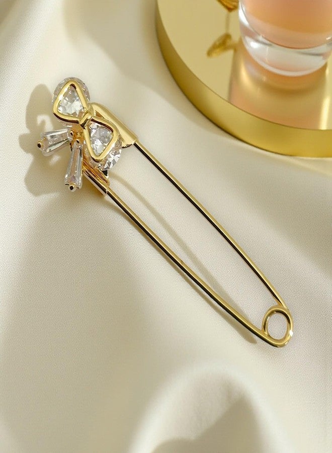 ACCESSHER Women's & Girls Gold-Plated Bow American Diamond Safety Pin Brooch, Decorative Saree and Hijab Pin, Elegant Saree Pleats, Pallu & Dupatta Accessory - Image 3