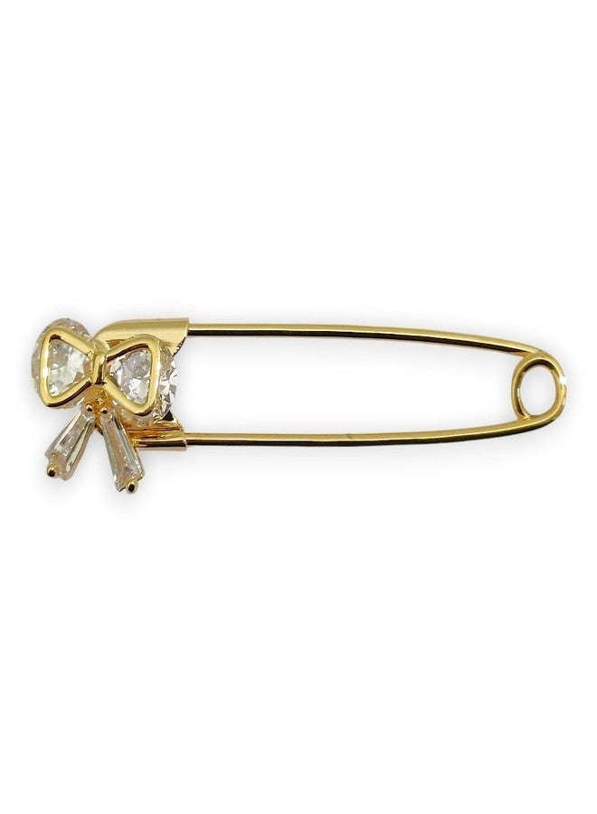 ACCESSHER Women's & Girls Gold-Plated Bow American Diamond Safety Pin Brooch, Decorative Saree and Hijab Pin, Elegant Saree Pleats, Pallu & Dupatta Accessory - Image 1