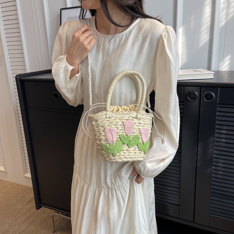 2023 New Style Fresh Flower Straw Bag Women'S Handbag Shoulder Crossbody Bag Girl'S Po Bucket Bag - Image 1