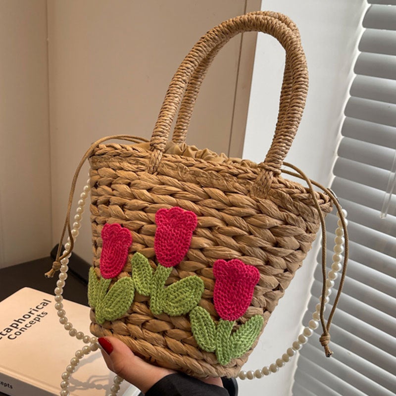 2023 New Style Fresh Flower Straw Bag Women'S Handbag Shoulder Crossbody Bag Girl'S Po Bucket Bag - Image 5