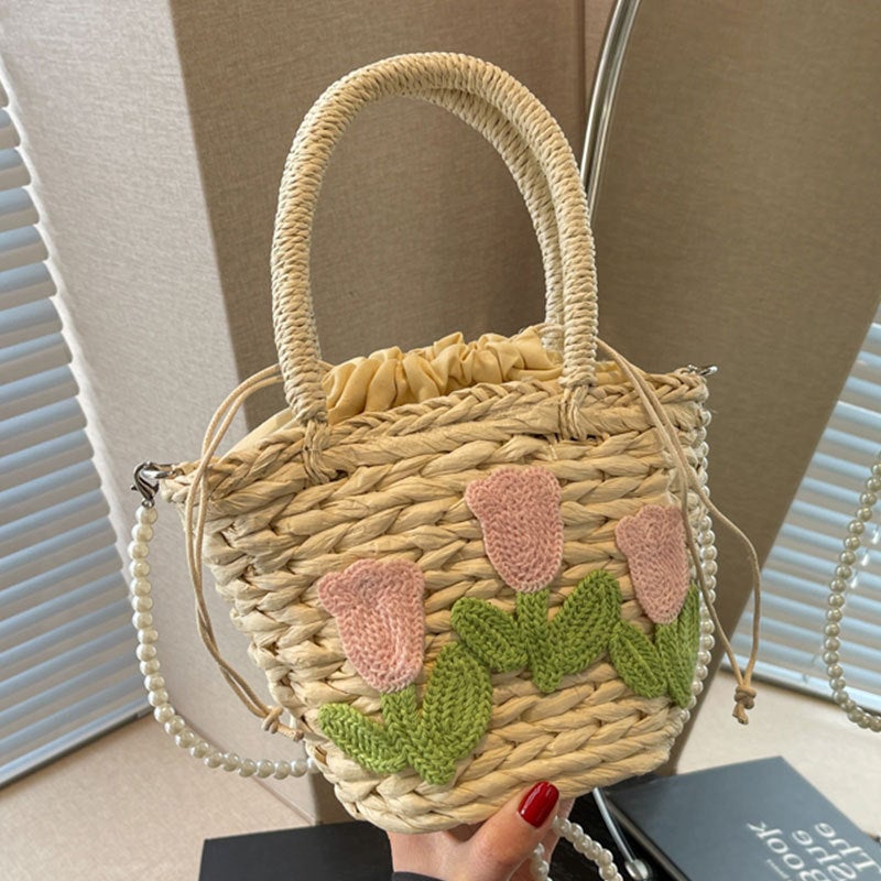 2023 New Style Fresh Flower Straw Bag Women'S Handbag Shoulder Crossbody Bag Girl'S Po Bucket Bag - Image 4