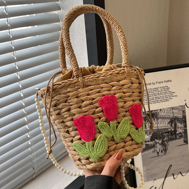 2023 New Style Fresh Flower Straw Bag Women'S Handbag Shoulder Crossbody Bag Girl'S Po Bucket Bag - Image 2
