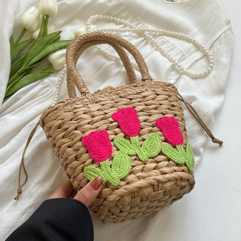 2023 New Style Fresh Flower Straw Bag Women'S Handbag Shoulder Crossbody Bag Girl'S Po Bucket Bag - Image 3