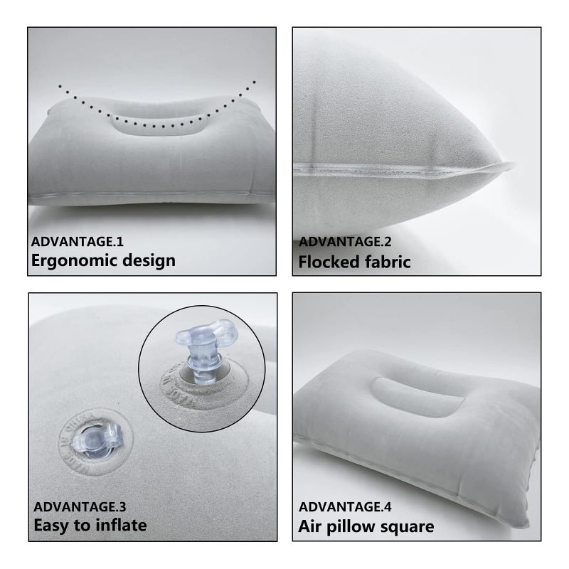 Dogxiong 2 Pack Ultralight Inflatable Pillow Small Squared Flocked Fabric Air Pillow Beach Pillow for Hiking,Camping,Traveling,Napping,Desk Rest,Neck Lumbar Support(Gray) - Image 4
