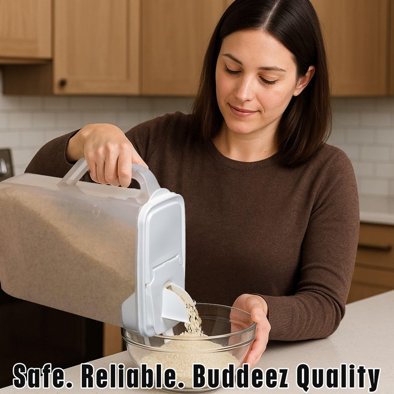 Buddeez Bulk Food Storage Container - 8 Quart All Purpose Clear & Large Pantry and Kitchen Organization and Storage - Cereal, Flour, Sugar, Rice Dispenser, EZ Grip Handle, EZ Pour Spout (White Lid) - Image 2