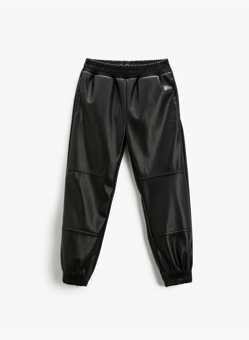 كوتون Faux Leather Jogger Trousers Elastic Waistband Pocket Detail