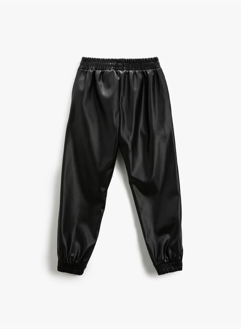 كوتون Faux Leather Jogger Trousers Elastic Waistband Pocket Detail