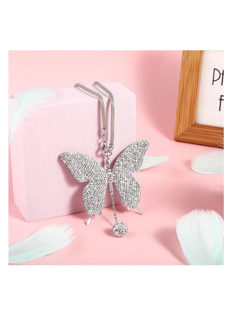 Captaintech Butterfly Car Accessories Car Interior Mirror Ornaments Car Bling Rearview Mirror Accessories Diamond Car Hanging Ornament Lucky Hanging Pendant Car Accessories for Women White - Image 2