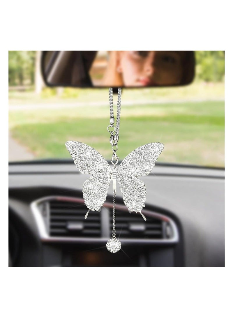 Captaintech Butterfly Car Accessories Car Interior Mirror Ornaments Car Bling Rearview Mirror Accessories Diamond Car Hanging Ornament Lucky Hanging Pendant Car Accessories for Women White - Image 1