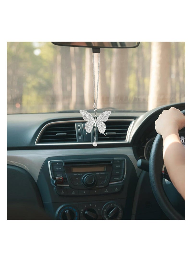 Captaintech Butterfly Car Accessories Car Interior Mirror Ornaments Car Bling Rearview Mirror Accessories Diamond Car Hanging Ornament Lucky Hanging Pendant Car Accessories for Women White - Image 3