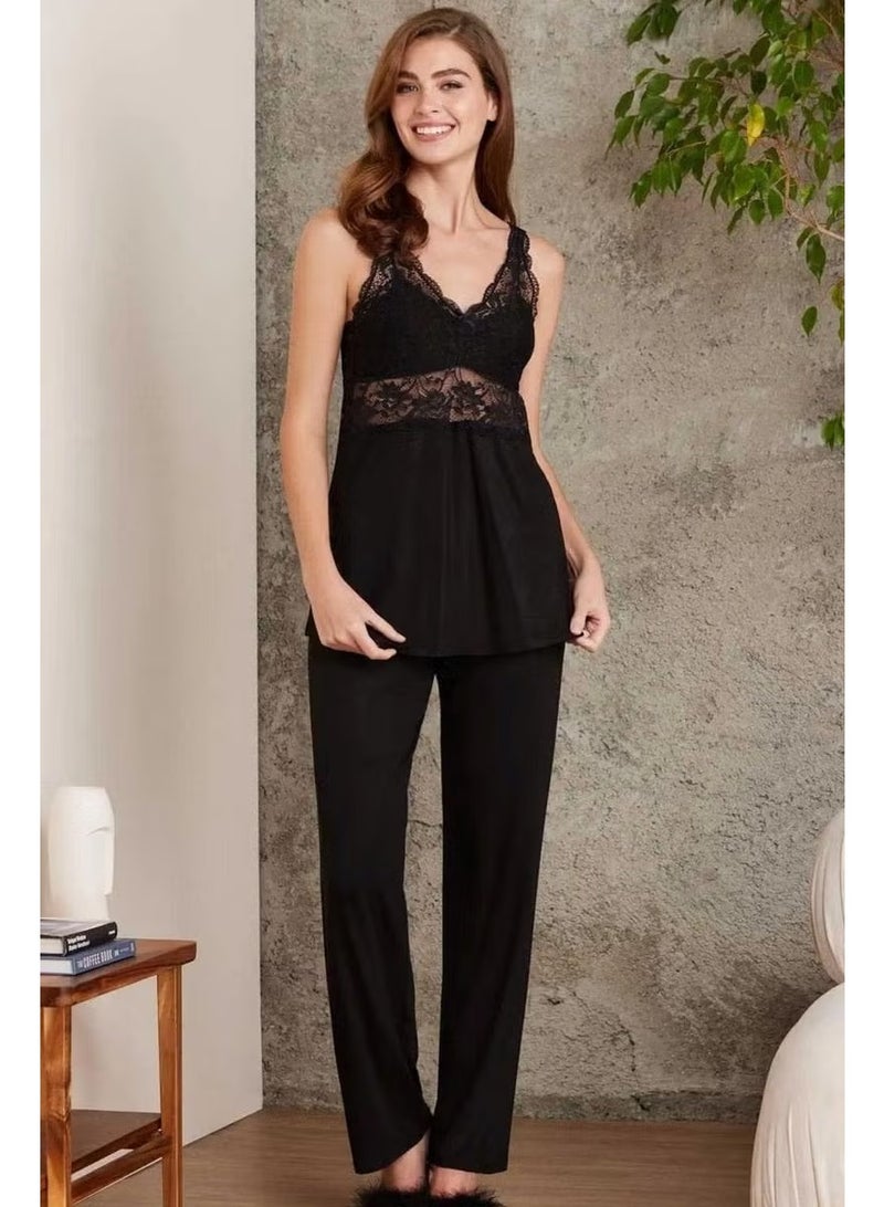 pierre cardin 2810 Women's Lace Combed Cotton Pajama Set with Robe-Black - Image 2