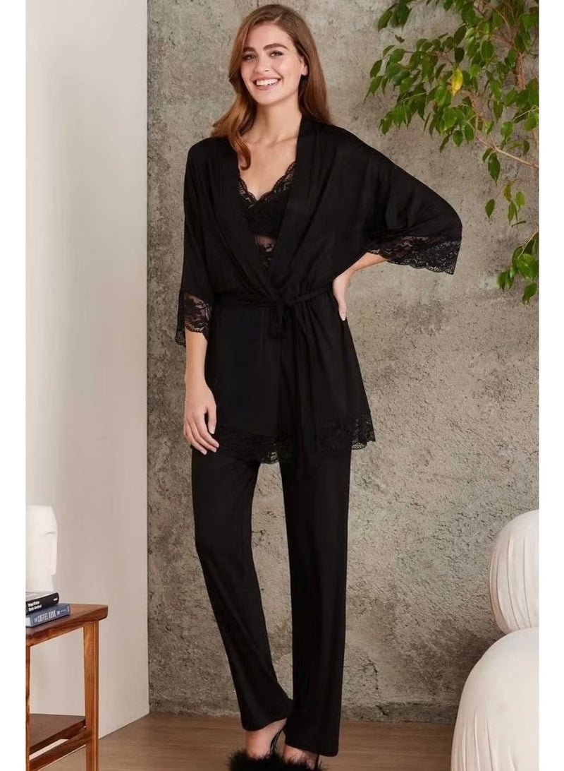 pierre cardin 2810 Women's Lace Combed Cotton Pajama Set with Robe-Black - Image 1