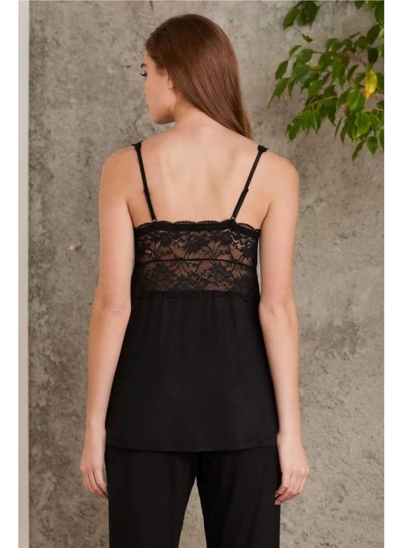 pierre cardin 2810 Women's Lace Combed Cotton Pajama Set with Robe-Black - Image 3