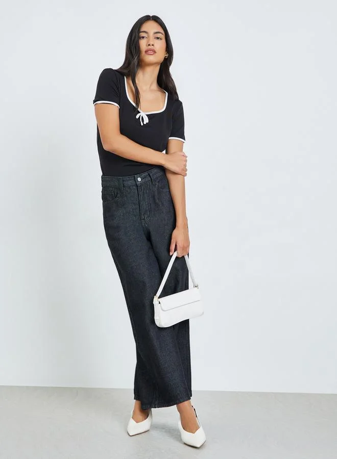 Styli Black Ribbed Knit Top with White Trim
