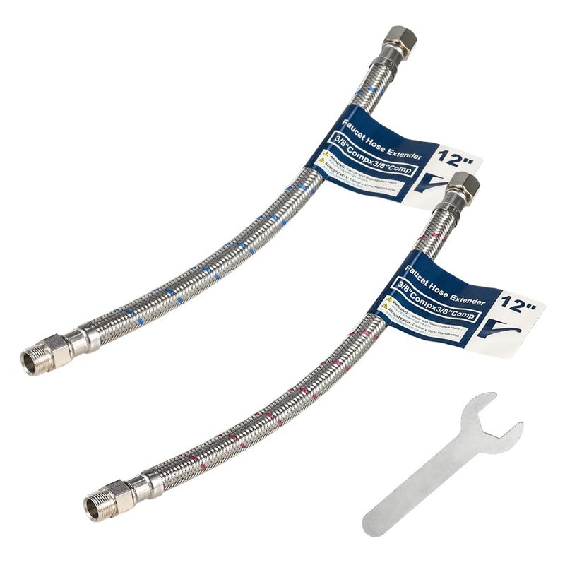 PLUMBINGMASTER 2 Pcs 12 Inch Faucet Supply Conector Extension, 3/8 OD Comp (Male) x 3/8 Comp (Female) Supply Lineï¼ŒFaucet Hose for Kitchen Bathroom - Image 1