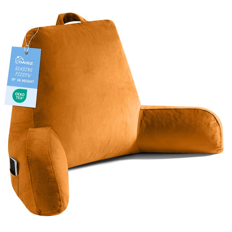 OAISZ Reading Pillow for Sitting in Bed Adult, X-Large Reading Pillow with Shredded Memory Foam, Back Pillow for Sitting Up with Extend Arms, Pockets, Bed Pillow with Washable Cover, Orange - Image 1